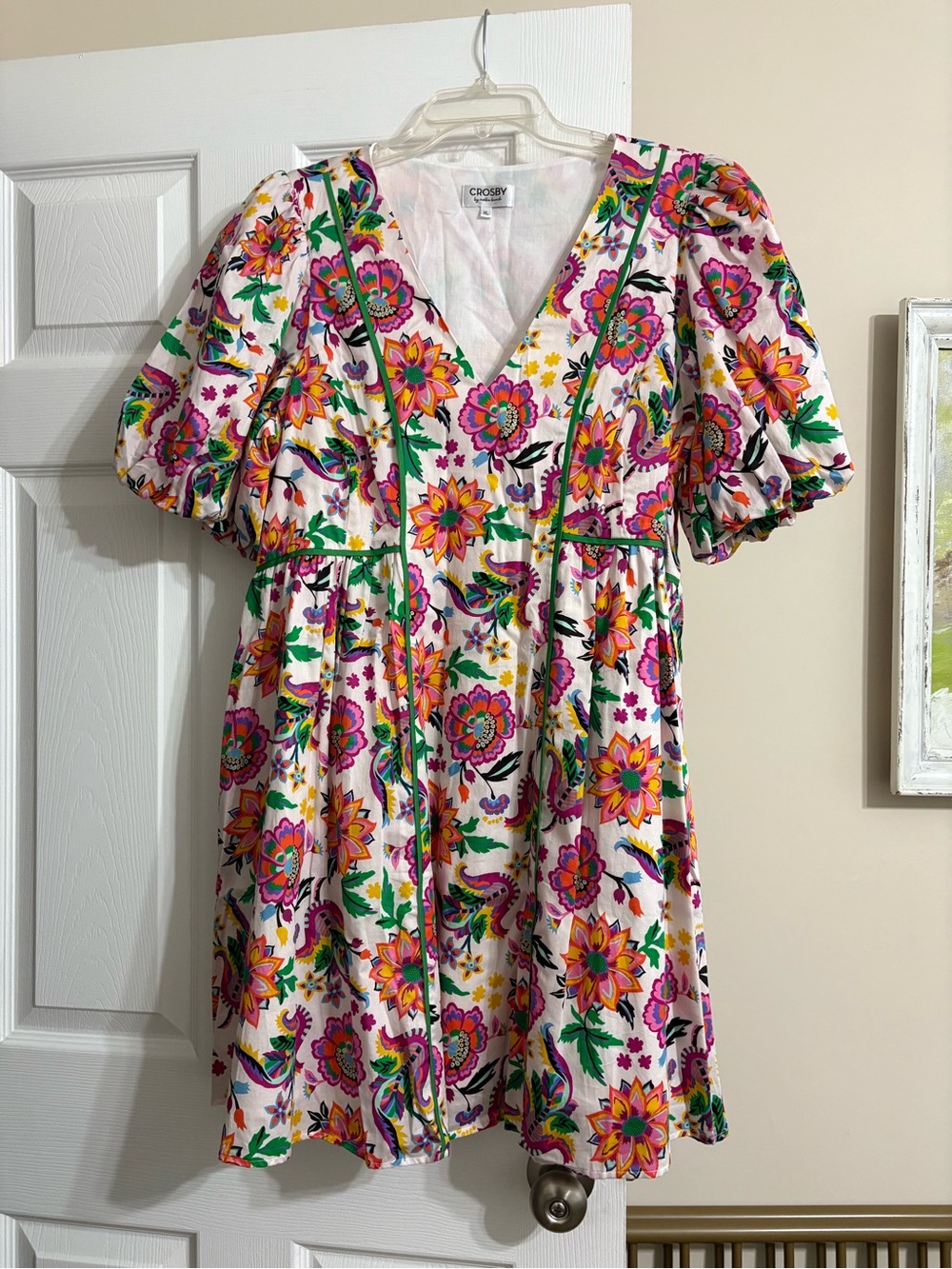 Crosby by Mollie Burch Floral Dress XL Multicolor Puff Sleeve V Neck Green Trim